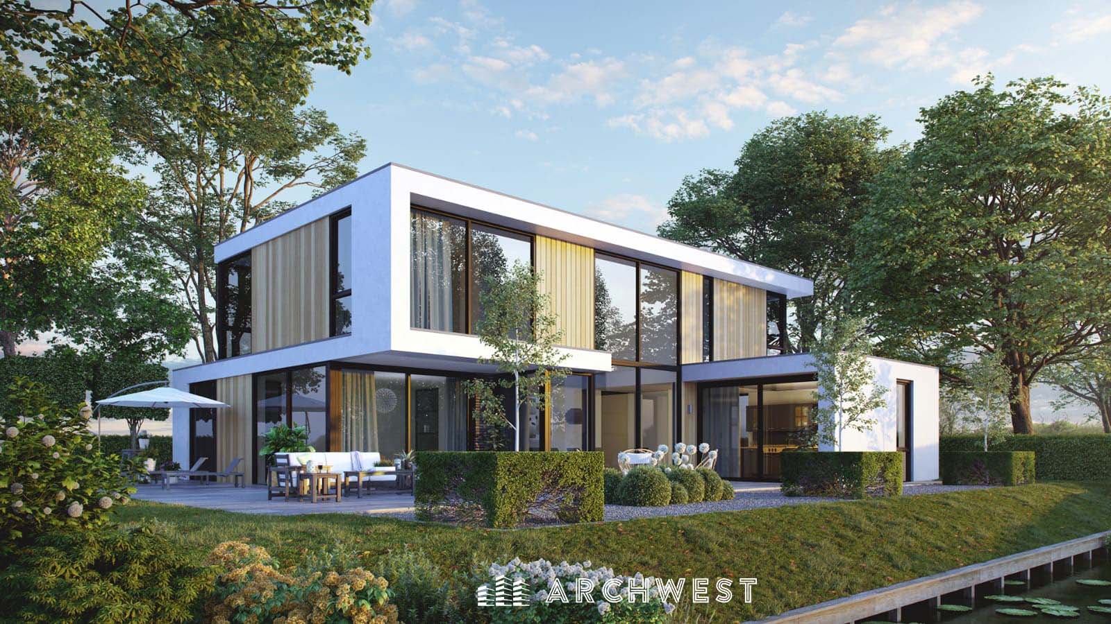 23. 3D Render of Modern house with large windows, Santa Monica, California